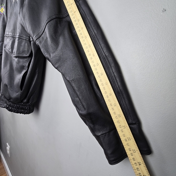 BURKS BAY Genuine Leather Bomber Jacket Map Print inside Embroidered Black Wm XL - Picture 14 of 16